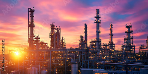 Expansive View of Oil Refinery Pipes Stretching Under a Clear Blue Sky
