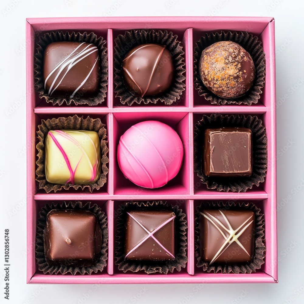 Assorted Chocolates in a Pink Box: A Gourmet Selection of Tempting Treats, Perfect for Gifting or Indulging. Assorted Chocolates in a Pink Box: A Gourmet Selection of Tempting Treats, Perfect for Gifting or Indulging.