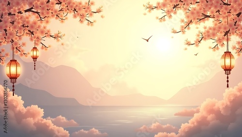 Serene Sunset Landscape with Cherry Blossoms and Lanterns
