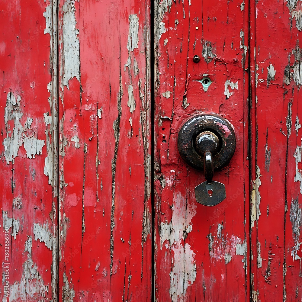 Close-up Red chipped door with key and knob Close-up Red chipped door with key and knob