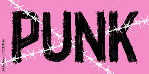 The Word Punk On The Background Of Barbed Wire. Black Vector Lettering Painted With Dry Brush In Grunge Style. Brutal Inscription For Your Design Sweatshirts T-shirts Posters Backgrounds. Punk Style.