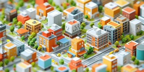 Miniature Cityscape: A vibrant, whimsical aerial view of a colorful, miniature cityscape, showcasing buildings, roads, trees and homes in a playful, inviting design. 
