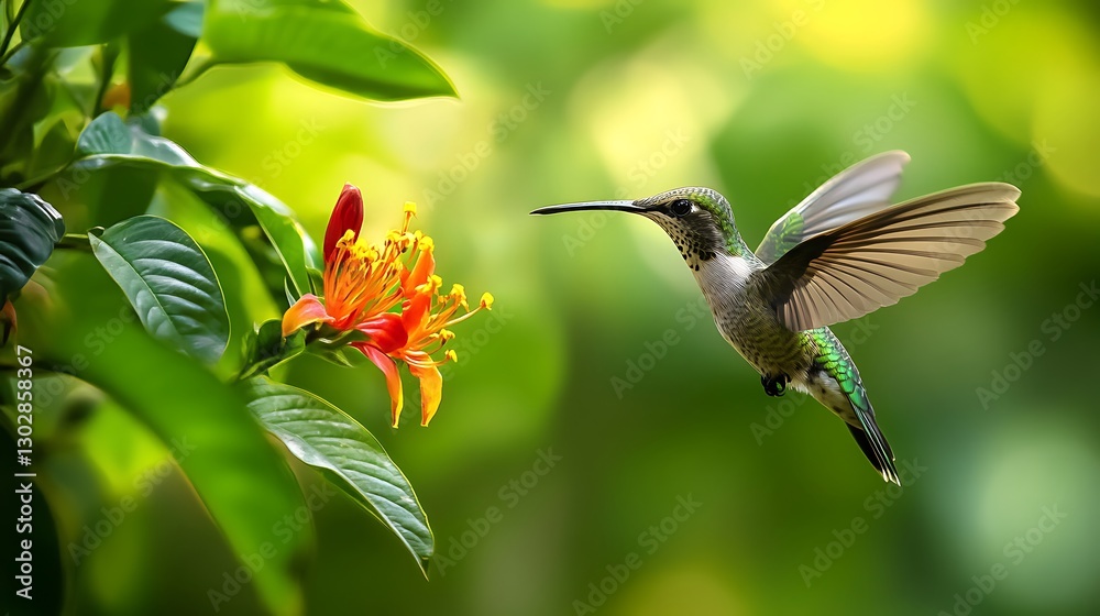 Naklejka premium Hummingbird feeding on vibrant blossom in lush greenery organic nature scene close-up view natural environment