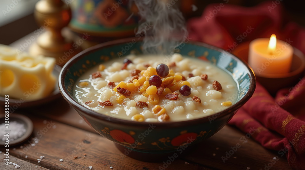 Fototapeta premium A steaming bowl of porridge filled with colorful grains, nuts, and dried fruits sits on a rustic wooden table. Soft candlelight illuminates the setting in the background