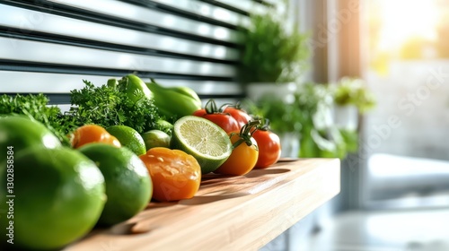 This vibrant image displays a variety of fresh vegetables on a wooden surface, showcasing the beauty of nature's bounty and promoting healthy living. photo