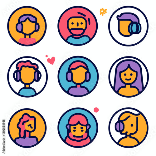 Diverse people wearing headphones, music and podcast concept avatars icon set