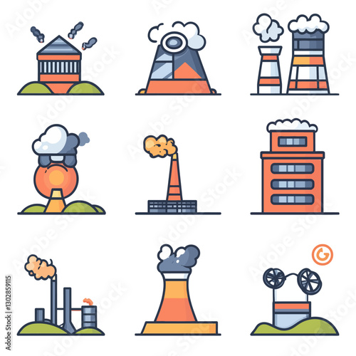 Factory Icons: Pollution Sources, Industry Buildings, and Global Warming