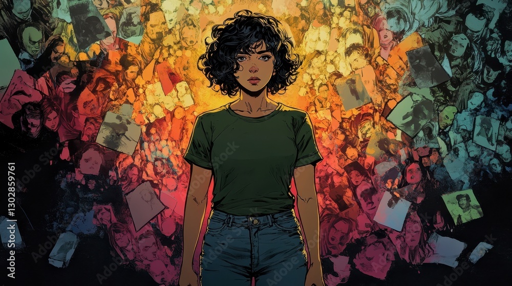 Fototapeta premium Bold Young Woman Standing Amidst Vivid Artistic Background