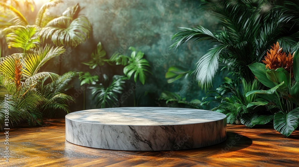 a marble podium sits in front of a green background with tropical plants on orange bg podium stage background a marble podium sits in front of a green background with tropical plants on orange bg podium stage background
