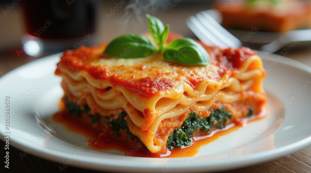 Fototapeta premium Layers of homemade lasagna packed with spinach and cheese are topped with a vibrant tomato sauce and fresh basil leaves. Perfect comfort food enjoyed at lunchtime