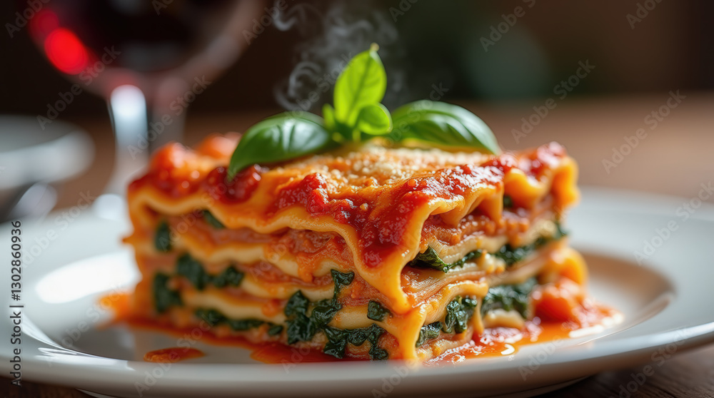 Fototapeta premium A fresh serving of homemade lasagna with layers of pasta, spinach, and tomato sauce garnished with basil leaves. This dish is served warm and fragrant
