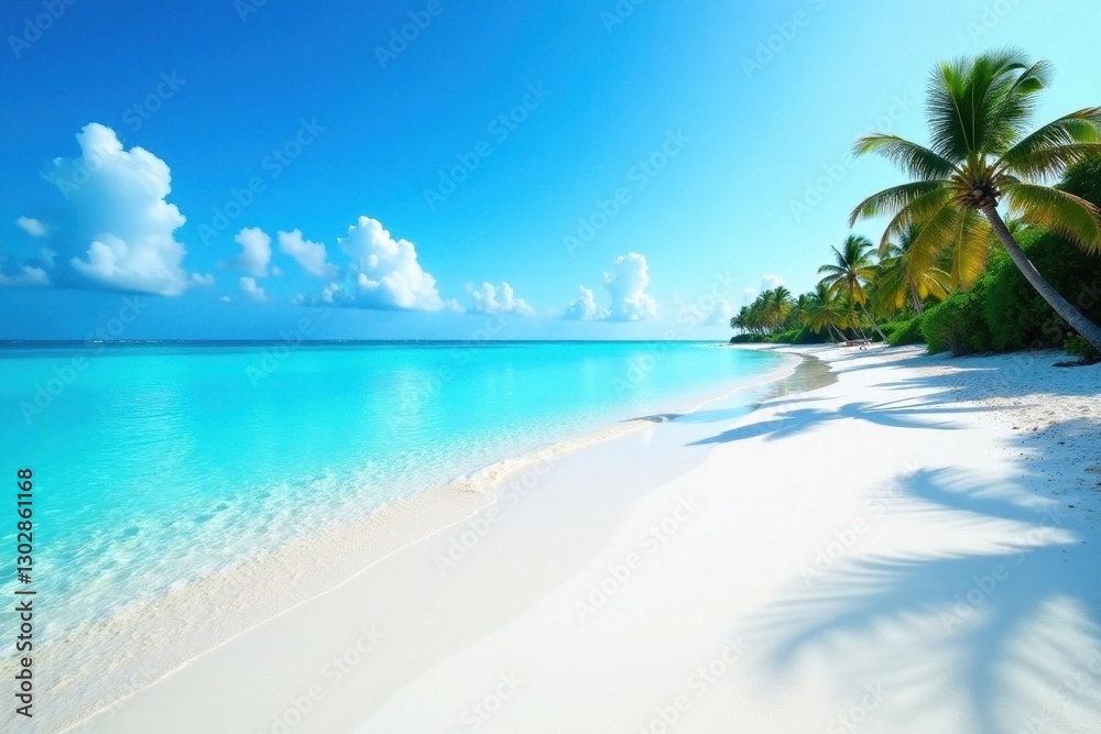 Fototapeta premium Powdery white sand stretches to crystal-clear aquamarine water, palm trees silhouetted in distance , vacation, blue