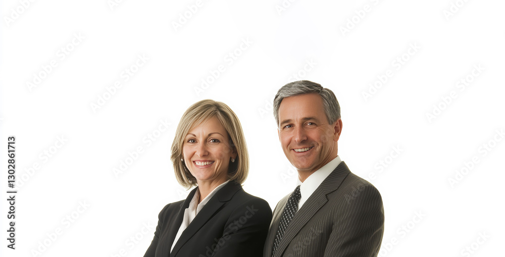 Standing side by side, the business man and woman convey a strong sense of professionalism and balanced partnership with copy space white background. Standing side by side, the business man and woman convey a strong sense of professionalism and balanced partnership with copy space white background.