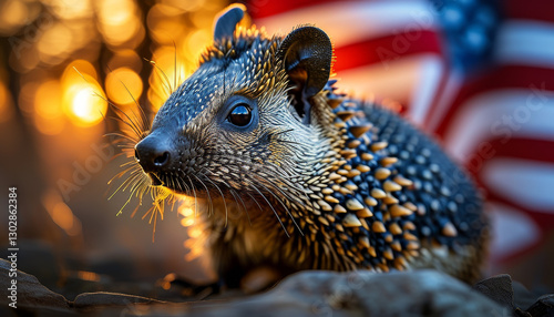 Patriotic American USA Animal, majestic patriotic American Rodant, American flag, red blue and white, stars and stripes, America colours, fireworks, Festive Independence Day Concept, Memorial photo