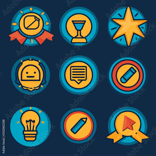 Award Badges, Chat Bubble, Gold Star and Pencil Icons on Blue Background