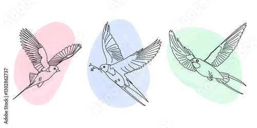 Set of flying swallows. Spring collection of bird on linear style with watercolor spots, isolated on white background. Vector illustration for banners, cards