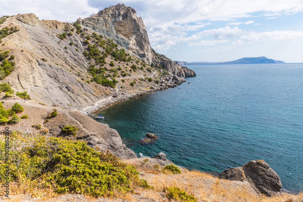Views from the Golitsyn Trail - a mountain trail carved on the slope of Mount Koba-Kaya, located along the coastline southwest of the village of Novy Svet, Crimea, Russia