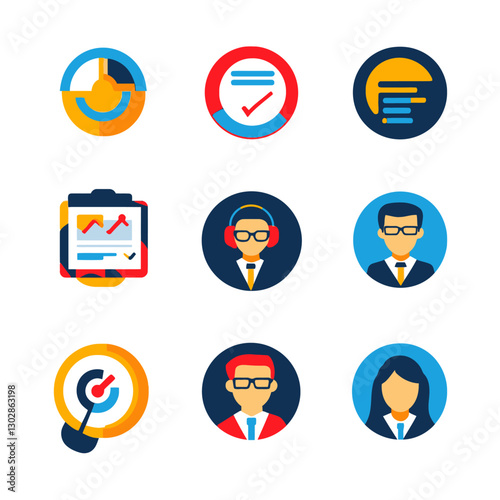 Business Analytics Icons: Data Analysis, Customer Support, Team, Solutions
