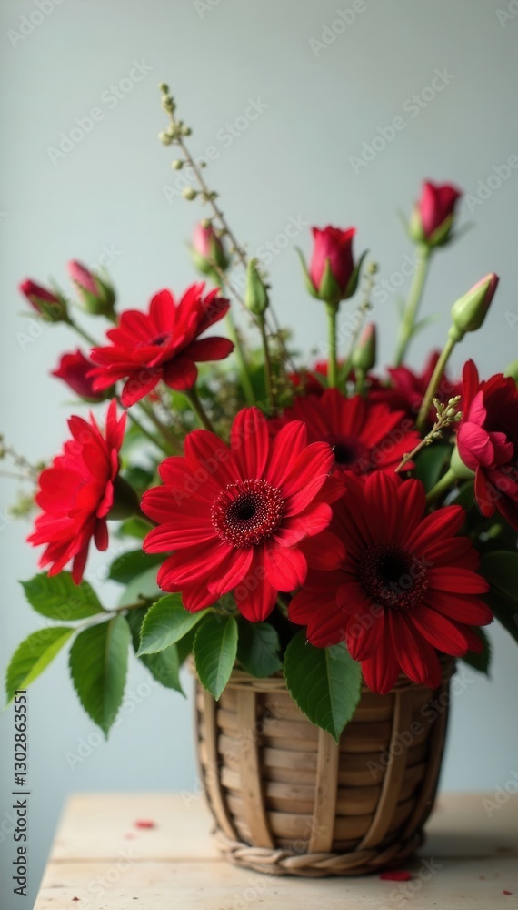 Obraz premium Stunning red flower arrangement in rustic basket, red, wood