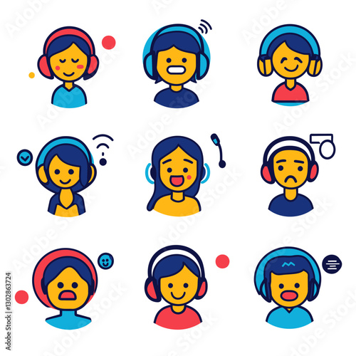 Diverse Emoticons in Headphones for Music Streaming or Virtual Assistant