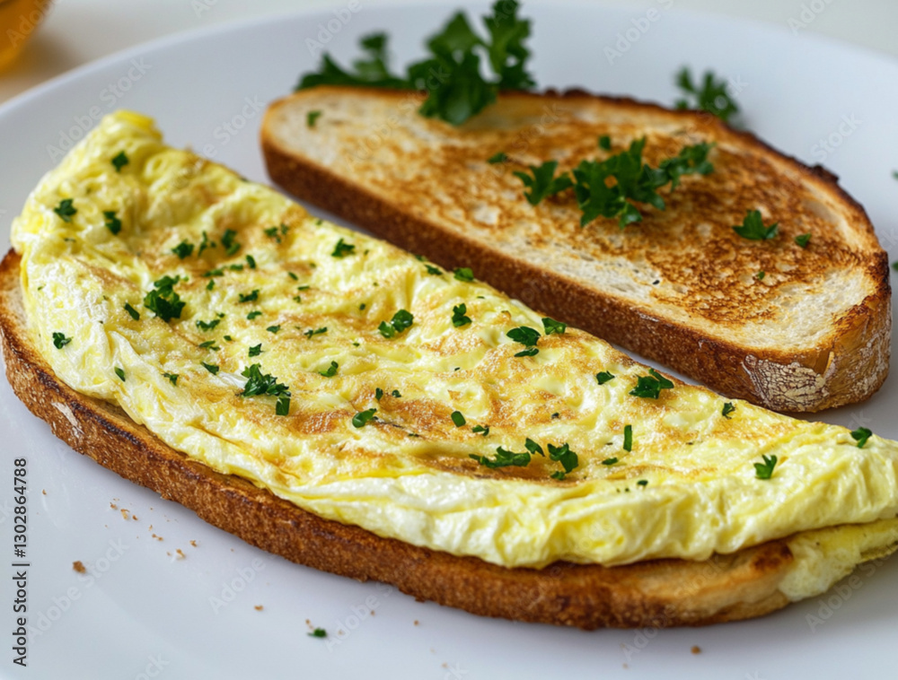 food Photography, 5-minute cooked omelette on toasted bread, no black pepper, with toast on white plate food Photography, 5-minute cooked omelette on toasted bread, no black pepper, with toast on white plate