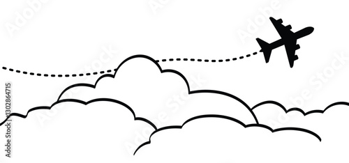 Tourism, airplane flies above the clouds in the sky. Air plane flight route. Vector Aircraft and cloud sign. For summer vacation or holiday. Travel, navigation destination.