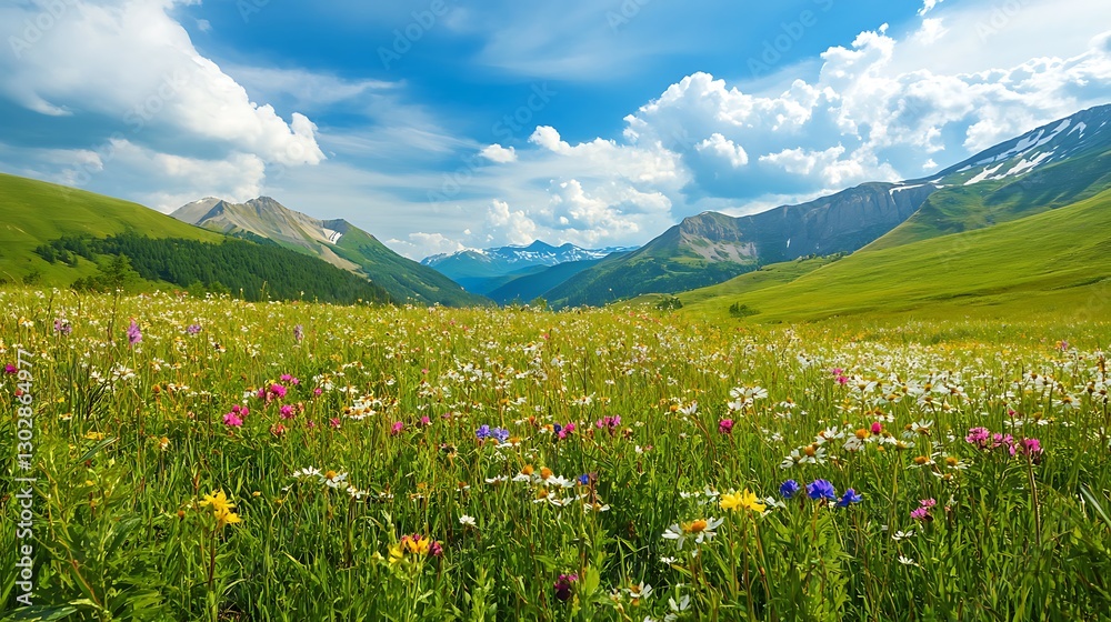 Fototapeta premium Lush greenery and wildflowers blooming in a natural landscape mountain valley scenic viewpoint organic environment