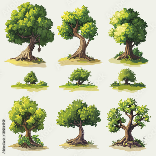 Cartoon trees collection in vibrant green hues on a light background