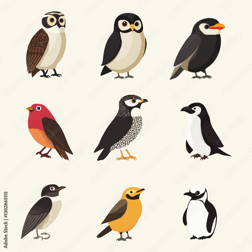 Naklejka premium Diverse avian illustration featuring owls, robins, and penguins on cream
