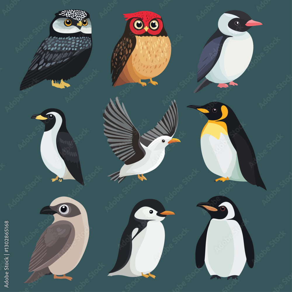 Fototapeta premium Cartoon owls and penguins diverse set of birds flat design vector icons