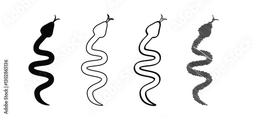 Snake with poisonous tongue. Tropical wildlife reptiles. Cartoon snakes. Poisoned serpents. Snake silhouet, python, anaconda. Animal icon. Wild life symbol. Reptile snake