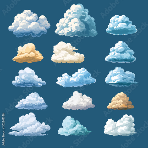 Cartoon cloud vector illustrations on blue background for creative design.
