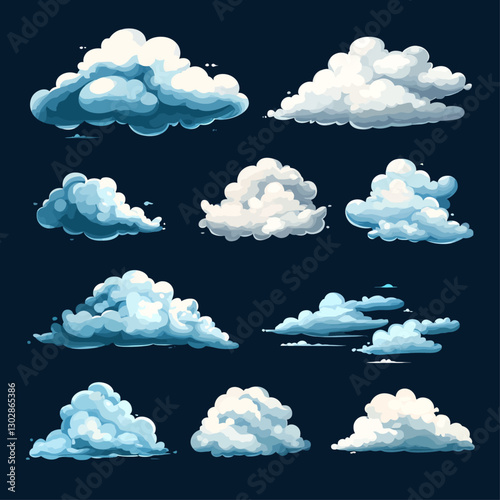 Cartoon cloud collection on a dark background, celestial, skyscape