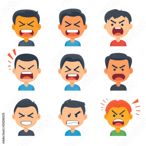 Angry boy cartoon character avatars expressing rage, stress, and frustration