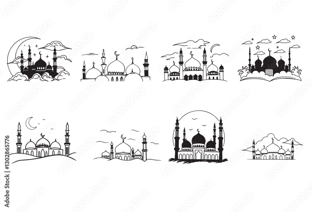 Naklejka premium Mosques,Hand painted mosque vector silhouette.