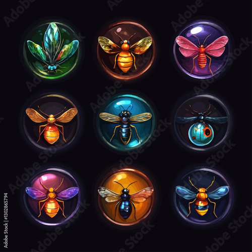 Colorful Insect Icons Collection, Bee, Butterfly, Dragonfly, Moth, Bug Art