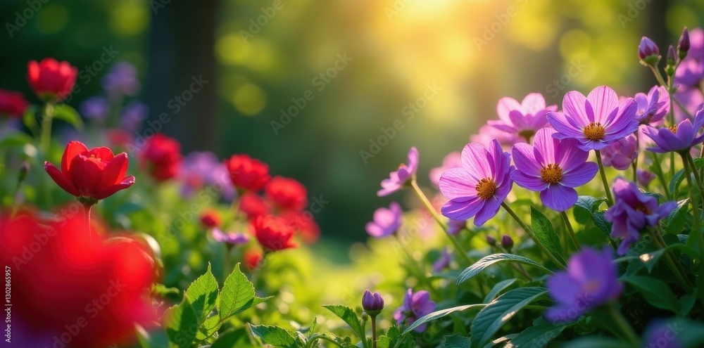 Vibrant purple & red spring blooms in lush garden , background, springtime, flower garden