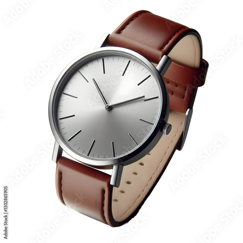 Minimalist wristwatch with brown leather strap on transparent background, wrist watch isolated on white