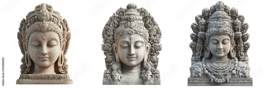 Buddhist statues close-up cultural exhibition in indoor art gallery