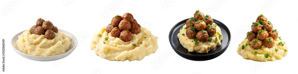 Minimalist mashed potatoes meatballs plate on a isolated transparent background. Minimalist mashed potatoes meatballs plate on a isolated transparent background.