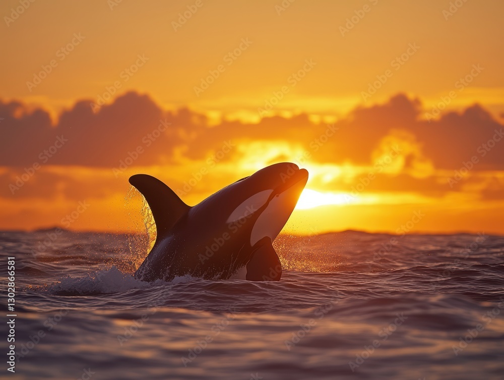 Fototapeta premium Majestic orca breaching at sunset ocean wildlife photography natural habitat side view marine life beauty