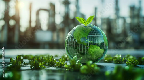 perfect green nature world, symbol sustainability clean energy, with leaves, green grass, representing renewable energy. city background reflects a balanced future between environmental development.