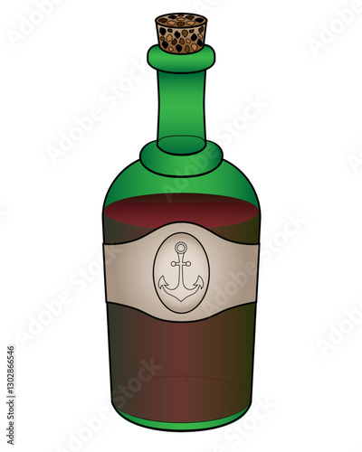 Vintage bottle with alcohol - vector full color illustration. Green glass bottle with rum or wine. Bottle with anchor on the label and natural cork. Closed.	