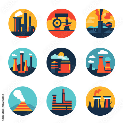 Industrial Factories in Abstract Circle Flat Icon Style Set