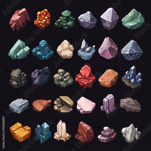 Isometric illustration of assorted gemstones and minerals on a black background