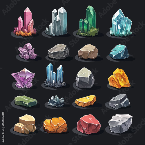 Colorful collection of cartoon crystals and mineral rocks on dark backdrop