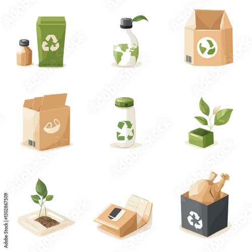Eco-Friendly Packaging and Recycling Icons with Plants and Green Concepts