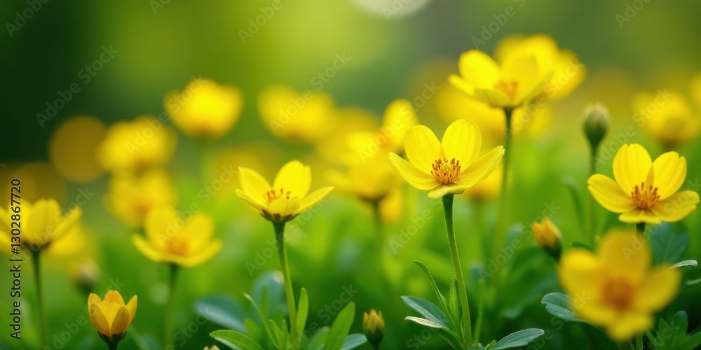 Vibrant Yellow Blossoms in a Lush Green Meadow, a Serene and Peaceful Springtime Scene with Soft Sunlight Filtering Through the Foliage Vibrant Yellow Blossoms in a Lush Green Meadow, a Serene and Peaceful Springtime Scene with Soft Sunlight Filtering Through the Foliage