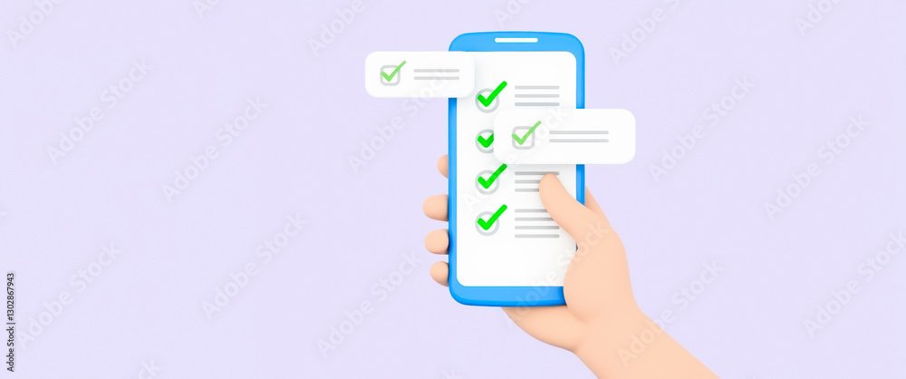 hand holding a smartphone displaying a completed checklist with green checkmarks