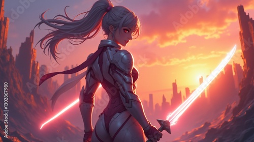Warrior girl in futuristic suit holding sword with energy blade against sunset in ruined city, anime style